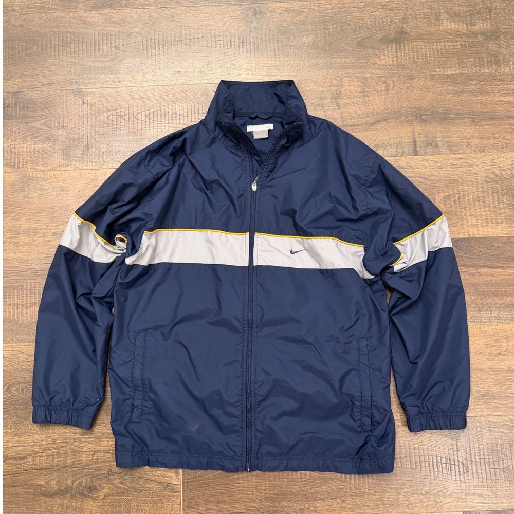 Nike Vintage Windbreaker Jacket Mens XL Navy Blue Grey Yellow Full Zip Swoosh